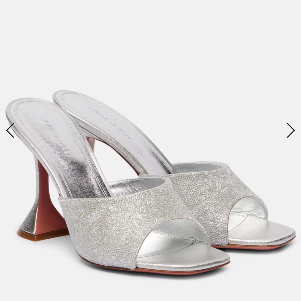 Amina Muaddi Silver Crystal-Embellished Open-Toe Mule Heels
